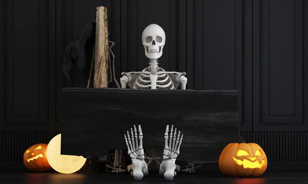 Halloween Feestposter Een Moderne Klassieke Spookhuis Slaapkamer Met Jack Lantaarn — Stockfoto