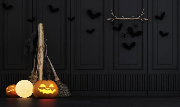 Плакат Вечеринки Хэллоуин Современной Классической Спальне Призраками Тыквами Фонариками Лампы — стоковое фото