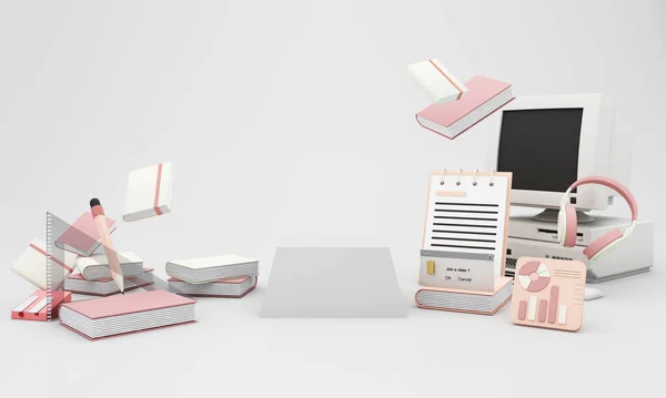 Back to school join to online learning with school supplies and equipment. laptop computer screen with phone and school accessories and textbooks on pink and white background. cartoon -3D Rendering