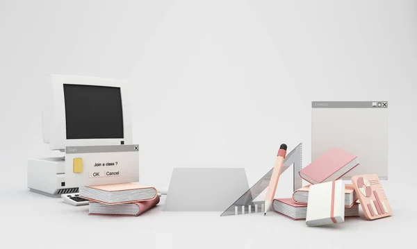 Back to school join to online learning with school supplies and equipment. laptop computer screen with phone and school accessories and textbooks on pink and white background. cartoon -3D Rendering