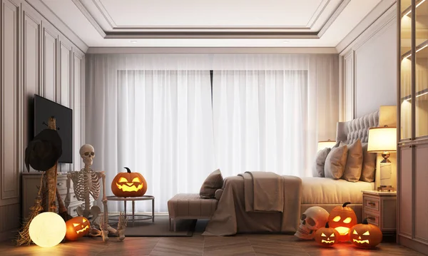 Halloween party poster in a modern classic haunted house bedroom with jack-o\'-lantern pumpkins. Full moon lamps, witches\' cauldrons, spider webs and skulls on the floor. 3d rendering illustation
