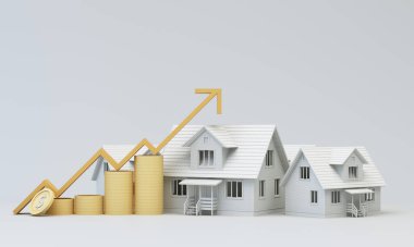 Gayrimenkul yatırımı ya da sigorta. Ev kredisi oranı. Emeklilik konsepti için para biriktiriyorum. Para yığını, hesap makineli renkli ev modeli ile birlikte. 3d resimleme