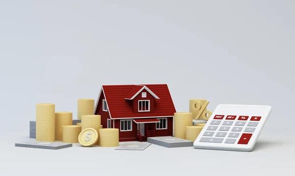 房地产投资或保险 住房抵押贷款利率 为退休概念存钱 硬币堆叠在钞票上 用彩色房子模型和计算器 3D渲染说明 — 图库照片
