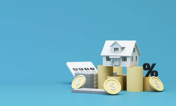 Gayrimenkul yatırımı ya da sigorta. Ev kredisi oranı. Emeklilik konsepti için para biriktiriyorum. Para yığını, hesap makineli renkli ev modeli ile birlikte. 3d resimleme