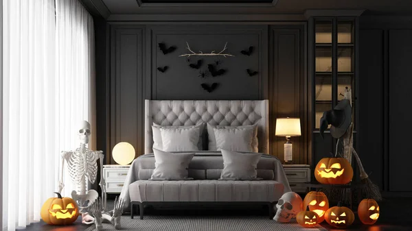 Halloween party poster in a modern classic haunted house bedroom with jack-o\'-lantern pumpkins. Full moon lamps, witches\' cauldrons, spider webs and skulls on the floor. 3d rendering illustation