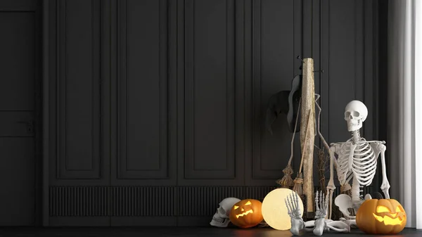 万圣节派对海报在一个现代经典的闹鬼屋卧室与千斤顶灯笼南瓜 满月灯 女巫的大锅 蜘蛛网和头骨在地板上 3D渲染幻象 — 图库照片
