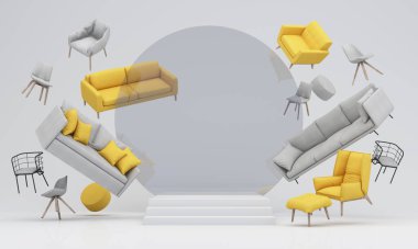 İç dizayn konsepti ev dekorasyonu ve mobilya satışları promosyonlar ve indirimler sırasında, yatak, kanepe, koltuk ve reklam alanları ile çevrilidir. Pastel arka plan. 3d hazırlayıcı