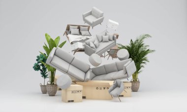 İç tasarım konsepti ev dekorasyonu ve mobilya satışları promosyonlar ve indirimler sırasında, etrafı kanepeler, koltuklar ve karton kutu arka planlı reklam alanları ile çevrili. 3d hazırlayıcı