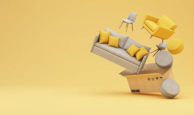 İç tasarım konsepti ev dekorasyonu ve mobilya satışları promosyonlar ve indirimler sırasında, etrafı kanepeler, koltuklar ve karton kutu arka planlı reklam alanları ile çevrili. 3d hazırlayıcı