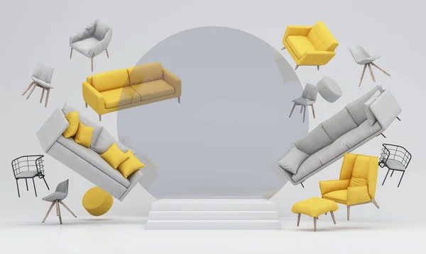 İç dizayn konsepti ev dekorasyonu ve mobilya satışları promosyonlar ve indirimler sırasında, yatak, kanepe, koltuk ve reklam alanları ile çevrilidir. Pastel arka plan. 3d hazırlayıcı