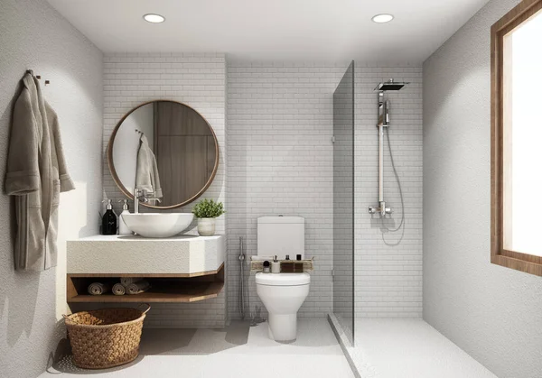 Beyaz ve fayanslı duvarları olan otel tuvaleti, beton zemin, pencerenin yanında duş ve yuvarlak aynalı ahşap tezgahta lavabo. ahşap süslemeli 3D işlemeli