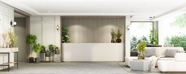 Interior of modern office of hotel reception and waiting room and gray furniture with white and wooden walls, concrete floor and reception desk. with wood decoration and plant pot. 3d rendering