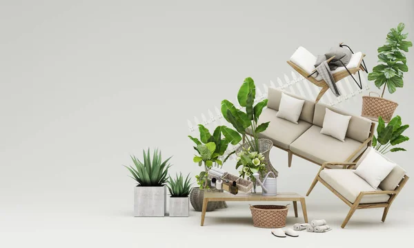 Promosyonlar ve indirimler sırasında ev dekorasyonu ve mobilya satışı konsepti, masa, sandalye, koltuk ve reklam alanları ile çevrilidir. Pastel arka plan. 3d hazırlayıcı