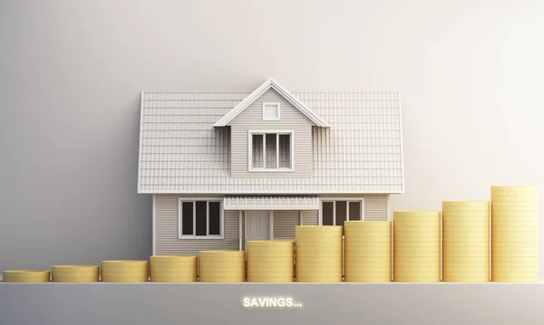 Saving money for a home. The concept is the accumulation of money for housing, mortgages, affordable housing, the dream of owning a home, loan installments. cartoon style. 3d rendering illustration