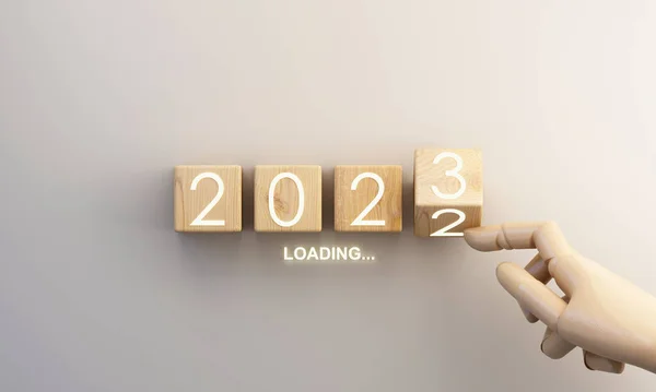 New Year 2023 Loading Countdown 2022 2023 Wooden Cartoon Hand — Stock Photo, Image