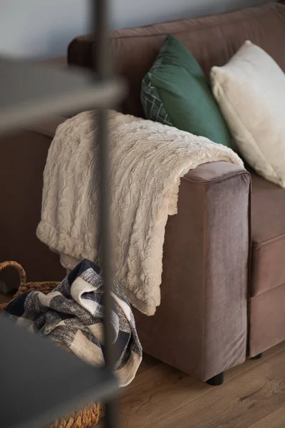 装飾的なベージュと緑の枕と暖かい毛布と居心地の良いソファでクローズアップ — ストック写真