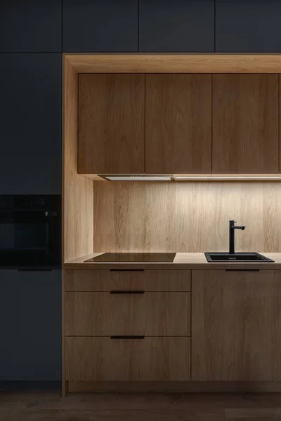Modern Small Kitchen Wooden Furniture Floor Led Light — Stock Photo, Image