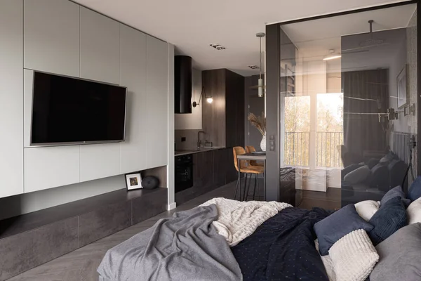 Stijlvol Studio Appartement Met Grote Open Keuken Gezellig Bed Douche — Stockfoto