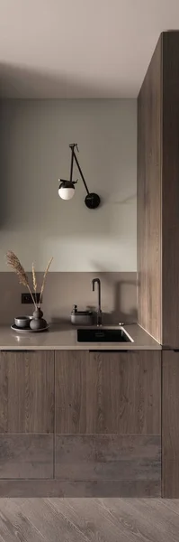 简朴时尚厨房的垂直全景 木制家具 地板和黑色细节 — 图库照片