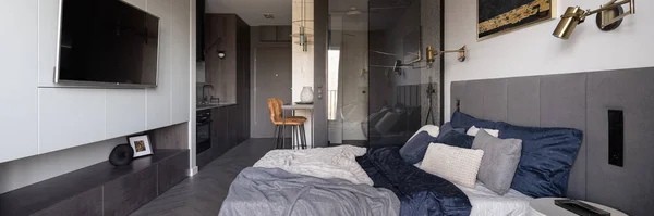 Panorama Moderno Elegante Pequeno Apartamento Plano Aberto Com Grande Cama — Fotografia de Stock