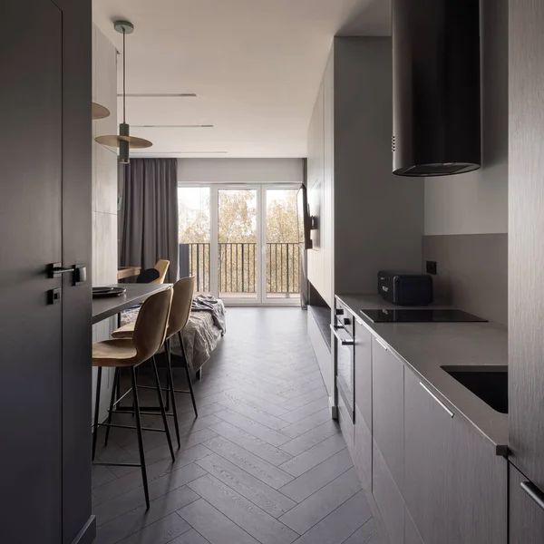 Basit, küçük ve işlevsel mutfak şık stüdyo dairesinin dar koridorunda.