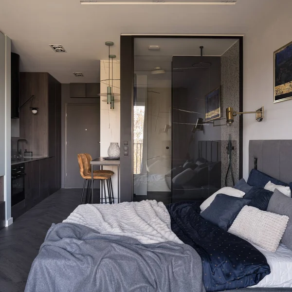 Apartamento Estudio Diseño Moderno Con Acogedora Zona Dormitorio Abierta Elegante — Foto de Stock