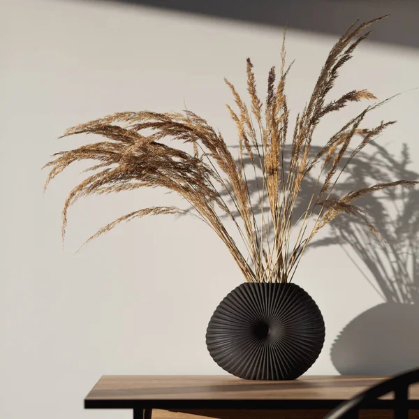 Close-up on decorative black vase with dried grass on wooden table in sunlight