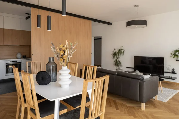 Stylish, open plan apartment with kitchen, dining area and living room in one space