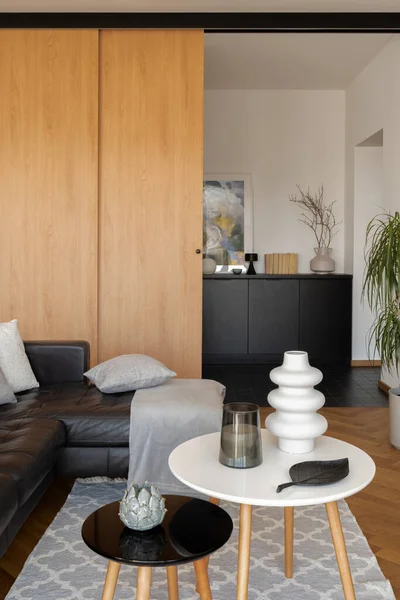木製のスライドドア付きの部屋でスタイリッシュな装飾が施されたシンプルな黒と白のコーヒーテーブル — ストック写真