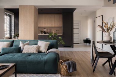 Modern açık planlı bir daire, şık bir oturma odası, yemek odası ve tek odalı basit bir mutfak.