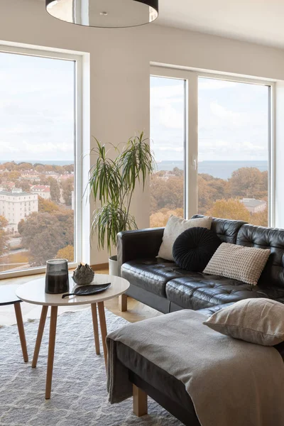 Salon Moderne Avec Grandes Fenêtres Confortable Canapé Angle Noir Tables — Photo