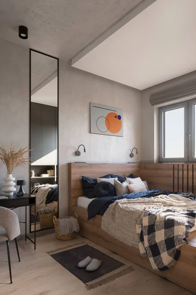 Spacious and stylish bedroom with cozy bed in wooden fame, big mirror, small window and decorations