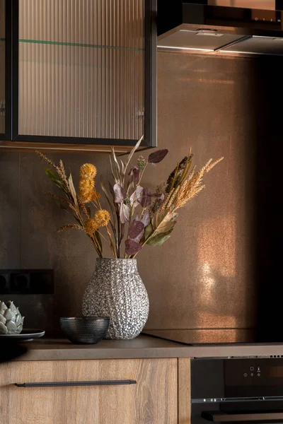 Stylish Decorations Vase Flowers Wooden Kitchen Countertop — Stock fotografie