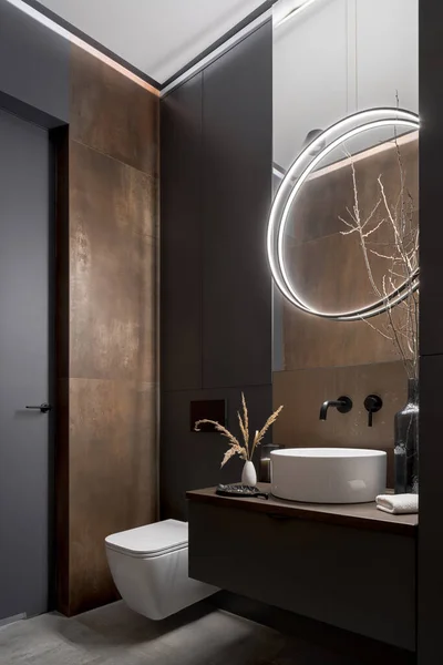Modern Elegant Bathroom Toilet Small Washbasin Rusty Wall Tiles Led — Stock Photo, Image