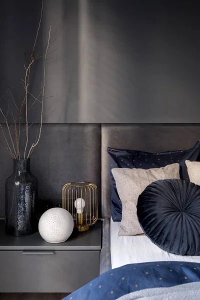 Simple Bedside Table Fancy Decorations Next Comfortable Bed Dark Gray — Foto de Stock