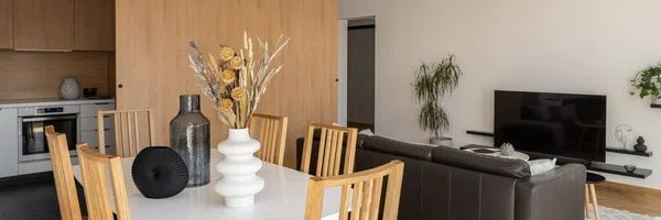 Panorama Stylish Dining Table Open Plan Apartment Kitchen Dining Area — Stockfoto