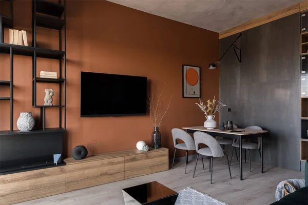 Modern Room Dining Table Stylish Furniture Trendy Orange Wall — Zdjęcie stockowe