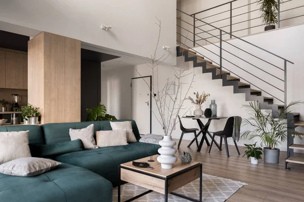 Spacious Two Floor Apartment Open Living Room Dining Table Stairs — ストック写真