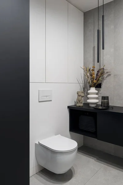 Stylish Lavatory Interior White Toilet Gray Concrete Style Wall Floor — 图库照片