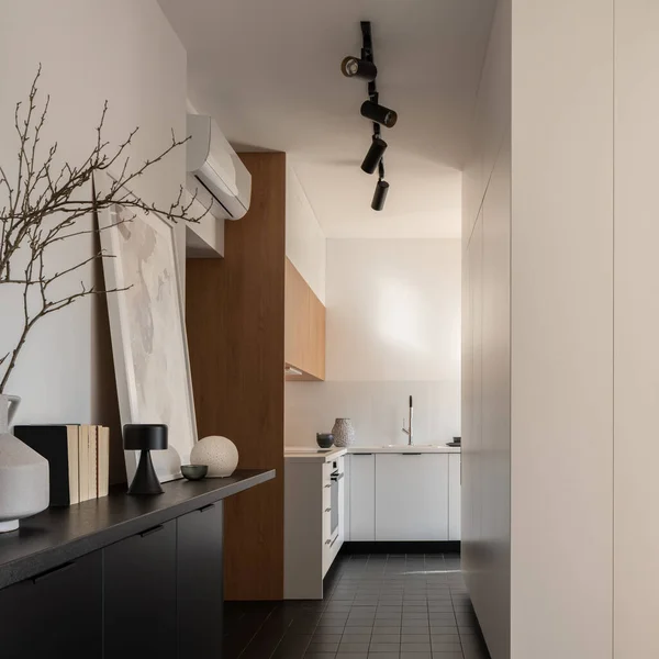 Moderner Wohnungsflur Mit Weißer Küche Vielen Dekorationen Quadratischen Schwarzen Bodenfliesen — Stockfoto