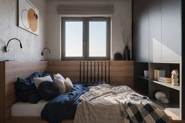 Маленькая Удобная Спальня Уютной Кроватью Деревянным Декором Книжными Шкафами Окнами — стоковое фото