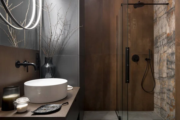 Trendy Bathroom Rusty Style Tiles Shower Glass Wall Black Taps — 스톡 사진