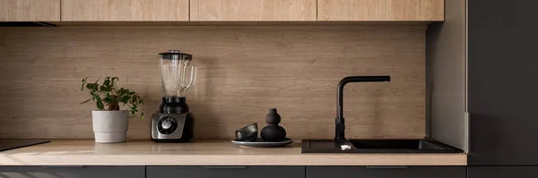 Panorama Wooden Kitchen Countertop Black Sink Tap Decorations — 图库照片