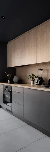 Vertical Panorama Modern Kitchen Black Ceiling Cupboards Wooden Cupboards Backsplash — 图库照片