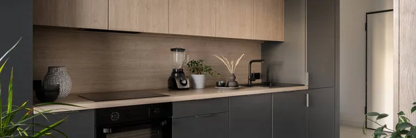 Panorama Modern Small Kitchen Wooden Countertop Dark Gray Furniture Black — Φωτογραφία Αρχείου