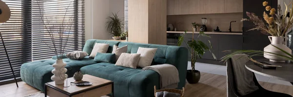 Panorama Big Blue Cozy Corner Sofa Modern Living Room Big — Foto de Stock