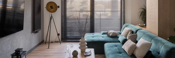 Panorama Eclectic Style Living Room Big Window Black Blinds Comfortable — Φωτογραφία Αρχείου