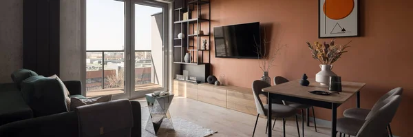 Panorama Contemporary Designed Living Room Dining Table Sofa Big Window — Stock Photo, Image