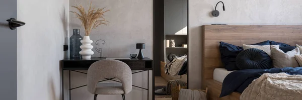 Panorama Home Office Area Desk Gray Chair Decorations Stylish Bedroom — Zdjęcie stockowe