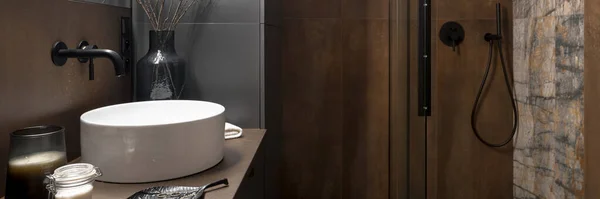 Panorama Trendy Bathroom Small White Washbasin Black Tap Stylish Decorations — 图库照片